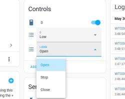 Screenshot of a user interface showing a dropdown menu with Open, Stop, and Close options in the Controls section.