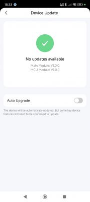 Device update screen showing no available updates and an auto upgrade toggle.