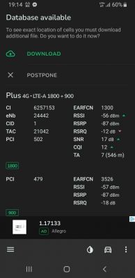 Zrzut ekranu aplikacji pokazujący parametry sieci LTE-A Plus 4G.