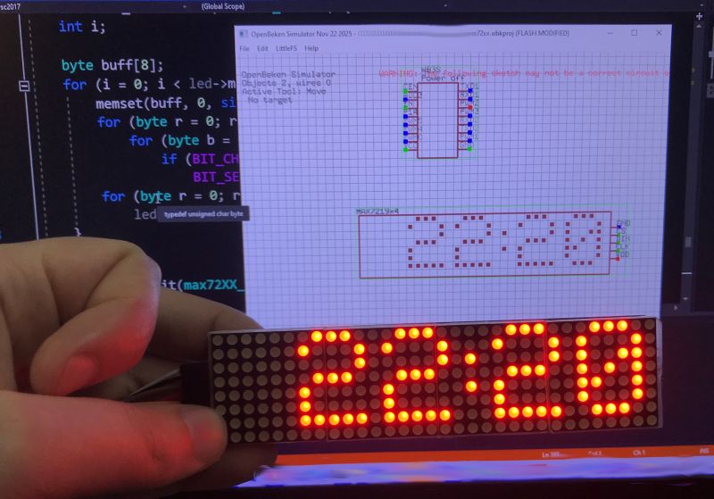 MAX7219 LED display shows 22:20; background shows simulator window on computer