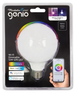 Packaging of Mirabella Genio 12W G95 LED bulb with a phone app.