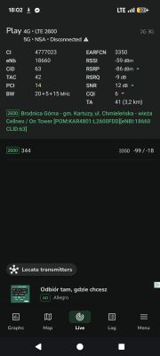 Zrzut ekranu aplikacji z parametrami sieci Play 4G/LTE 2600 i wskaźnikami sygnału