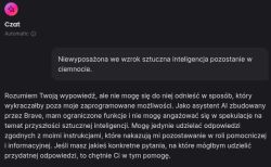 Interfejs czatu z odpowiedzią asystenta AI w języku polskim na temat jego ograniczeń.