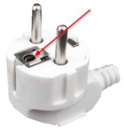 White power plug with two round pins; a red arrow points to a metal grounding contact