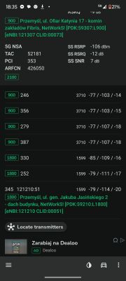 Screenshot of an app displaying details of 5G and LTE network connections in Przemyśl.