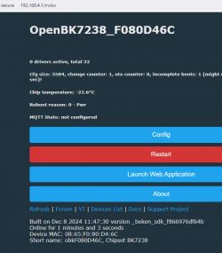 OpenBK7238 user interface with technical data and configuration options.