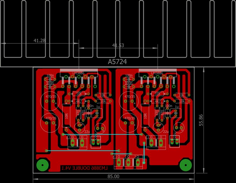 Projekt podwójnej płytki PCB z komponentami do wzmacniacza audio oparty na układzie LM3886.