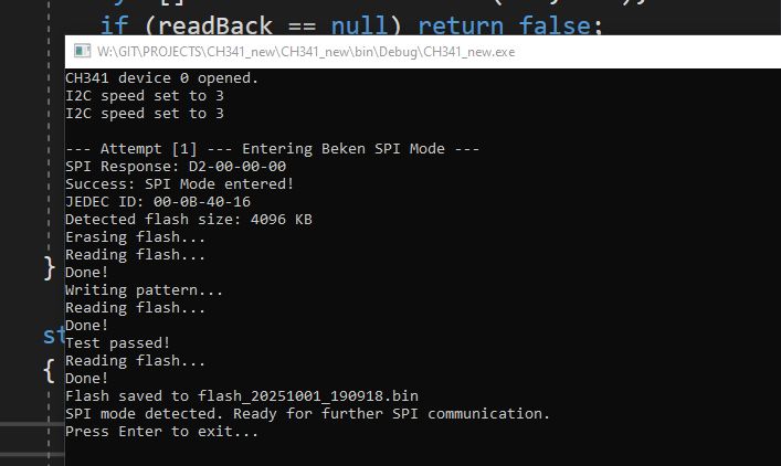 Terminal window showing flash memory read/write via SPI interface