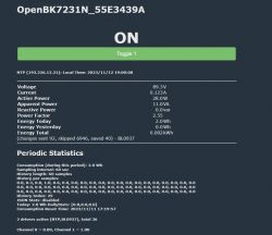 Screenshot of OpenBK interface showing incorrect measurements of voltage, current, and power.