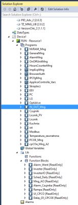Zrzut ekranu z Solution Explorer w oprogramowaniu inżynierskim, przedstawiający strukturę projektu z modułami i blokami funkcji.