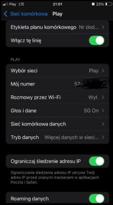 Ustawienia sieci komórkowej iPhone z aktywnym 5G, operator Play, brak zasięgu 5G