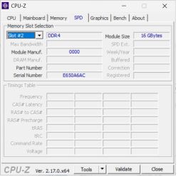 Zakładka SPD w CPU-Z pokazująca szczegóły modułu RAM DDR4 16 GB w gnieździe nr 2