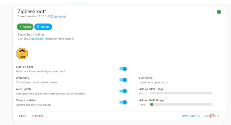 Zigbee2MQTT add-on management panel in Home Assistant.