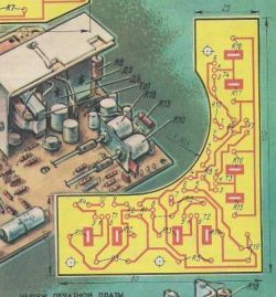 Schemat płytki drukowanej y2 z zaznaczonymi elementami elektronicznymi i ścieżkami