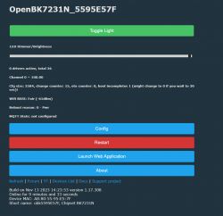 Screenshot of OpenBK7231N interface with configuration and restart buttons and device status information.