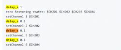 Script code using delay_s and setChannel functions.