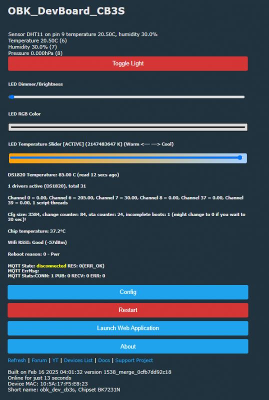 Screenshot of the OBK_DevBoard_CB3S user interface displaying sensor readings and configuration options.