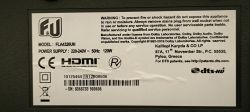 Product Label of Model FLA4320UH Label of electronic product model FLA4320UH with technical information and warnings.