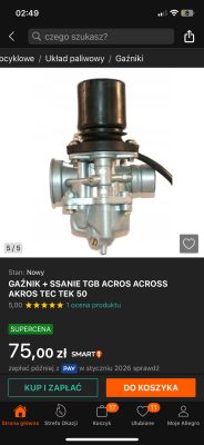 Gaźnik z elektrossaniem do skutera TGB AKROS TEC TEK 50, widok z przodu