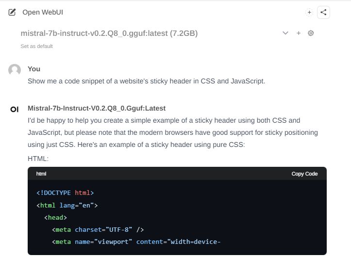 Example of Creating a Sticky Header in Open WebUI Screenshot of Open WebUI displaying a conversation about creating a sticky website header using CSS and JavaScript.