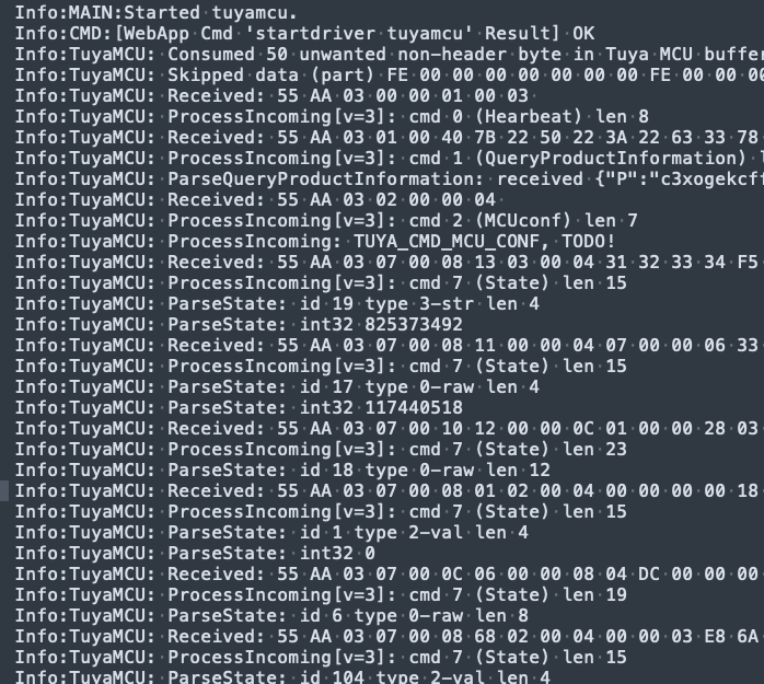 “55 AA” Serial Messages in OpenBeken Console Screenshot of the OpenBeken console showing raw serial “55 AA” messages after running the startdriver tuyamcu command.