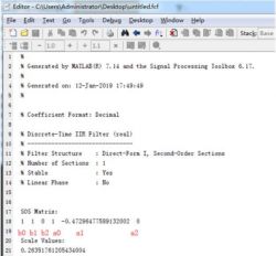 MATLAB SOS Matrix Code for IIR Filter Screenshot of MATLAB editor showing code related to the SOS matrix for an IIR filter.