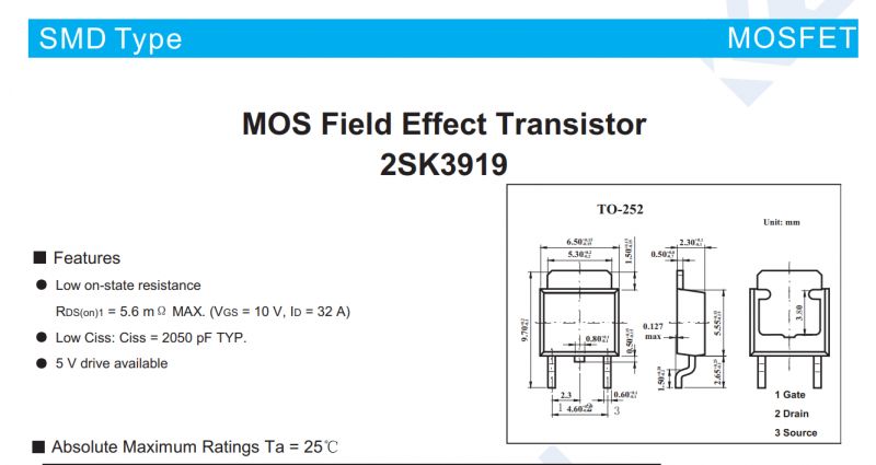 Technical Documentation of 2SK3919 Transistor Technical documentation of the 2SK3919 transistor, detailing its specifications and TO-252 package diagram.