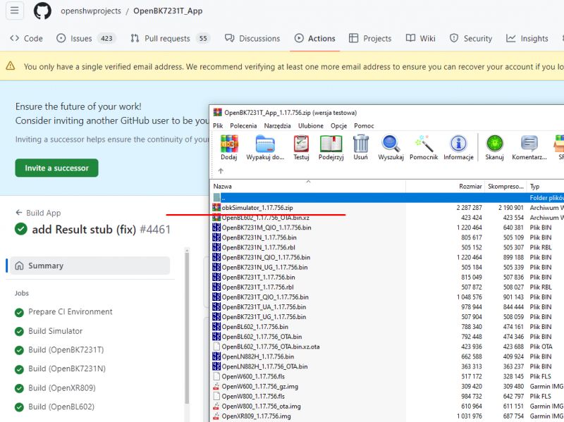 Screenshot of GitHub and file explorer window with an open ZIP archive.