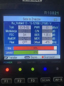 Ekran miernika sygnału satelitarnego z parametrami dla satelity Hotbird
