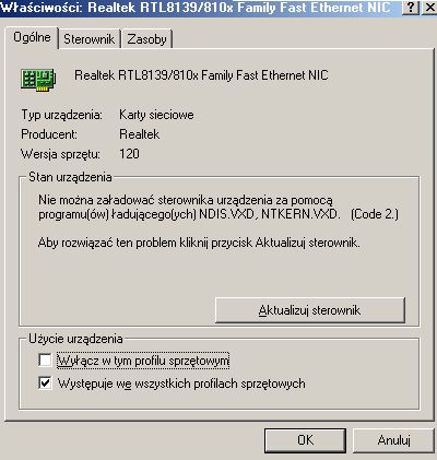 MSI KT6-V - problem z instalacją karty sieciowej w win me