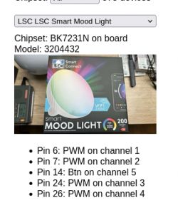 LSC Smart Mood Light product packaging with BK7231N chipset and pin specifications.