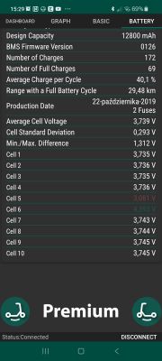 Zrzut ekranu z aplikacji pokazującej stan baterii hulajnogi Xiaomi M365 PRO.