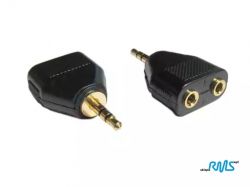 Mini jack splitter with two female ports and one male connector.