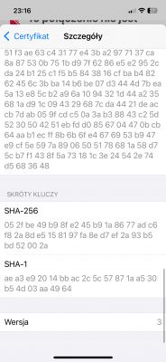 Zrzut ekranu z iPhone'a pokazujący szczegóły certyfikatu z wartościami SHA-256 i SHA-1.