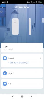 WiFi Door Sensor App Screen App screen displaying an open WiFi door sensor.