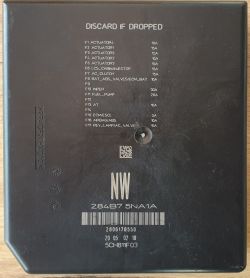 Pokrywa skrzynki bezpieczników z opisem obwodów w języku angielskim.