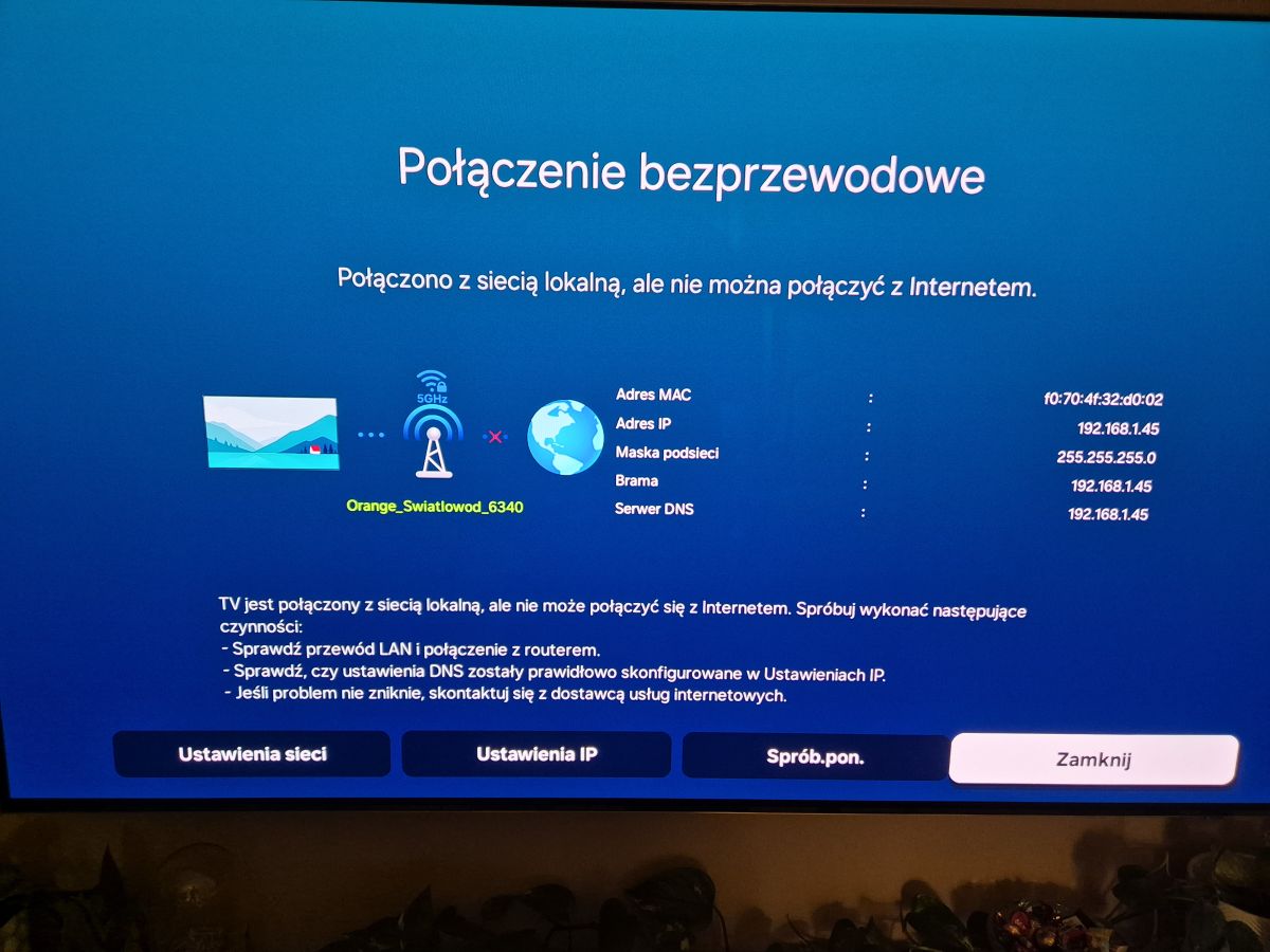 Samsung QE65S95B OLED nie łączy się z internetem po zmianie na Funbox 6