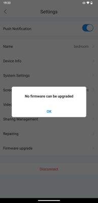 Screenshot of a device settings app with a message saying No firmware can be upgraded.
