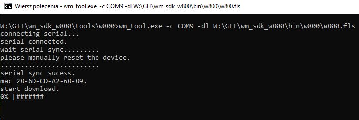 W800-C400 Firmware Upload Process Command line screenshot showing the firmware upload process for the W800-C400 microcontroller.
