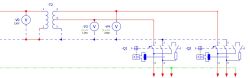 Fragment schematu elektrycznego z transformatorem T2, woltomierzami V0, V3, V4 oraz elementami Q1 i Q2.