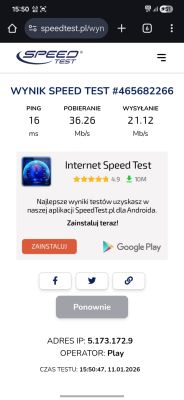 Zrzut ekranu z wynikami testu prędkości internetu: 36,26 Mb/s pobieranie, 21,12 Mb/s wysyłanie.
