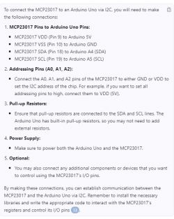 Connecting MCP23017 to Arduino Uno Instructions for connecting MCP23017 to Arduino Uno via I2C