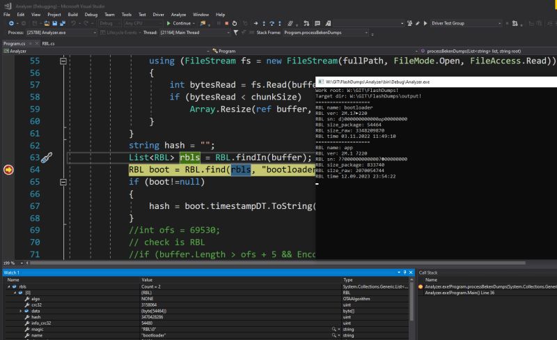Debugging C# program analyzing RBL data in Visual Studio Visual Studio in debug mode with C# code and console window displaying RBL data