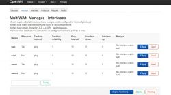 Zrzut ekranu ustawień MultiWAN Manager w OpenWrt z listą interfejsów i ich konfiguracją.