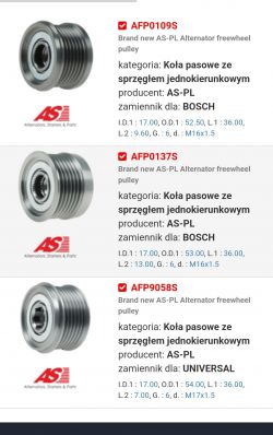 Wizualizacja trzech kół pasowych AS-PL z opisami produktowymi.