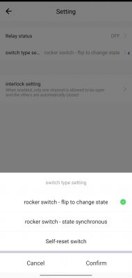 Screenshot of app settings with relay and switch type options.