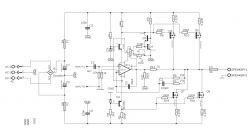 Schemat wzmacniacza elektronicznego z oznaczeniem elementów.