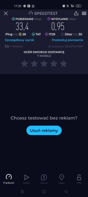 Zrzut ekranu z aplikacji Speedtest pokazujący wyniki prędkości internetu mobilnego T-Mobile z 5G.