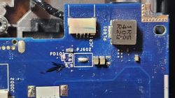 Missing Components on Circuit Board Fragment of a blue printed circuit board with missing components near the PD101 and PJ602 labels.