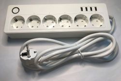 Power strip with six 230V sockets and four USB-A charging ports